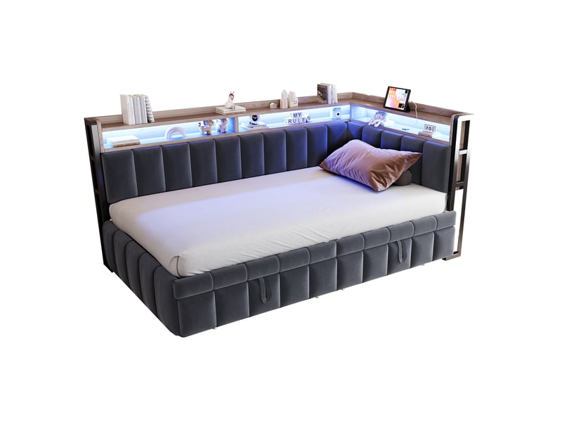  Lit gigogne 90x200 cm gris foncé en velours, éclairage led, rangements et ports usb type-c intégrés  - Conforama A