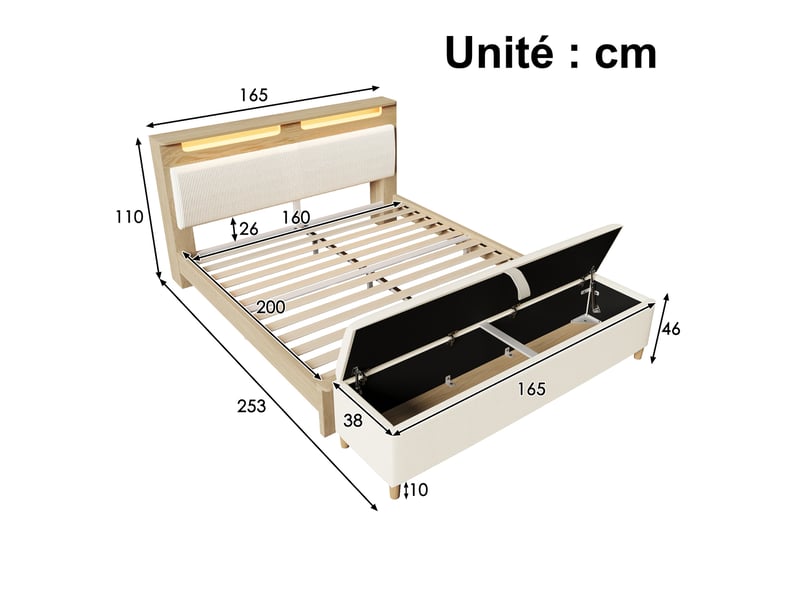  Lit avec rangement 160x200 cm - lit double avec tête de lit en corduroy et led - sans matelas - couleur beige et chêne clair  - Conforama C