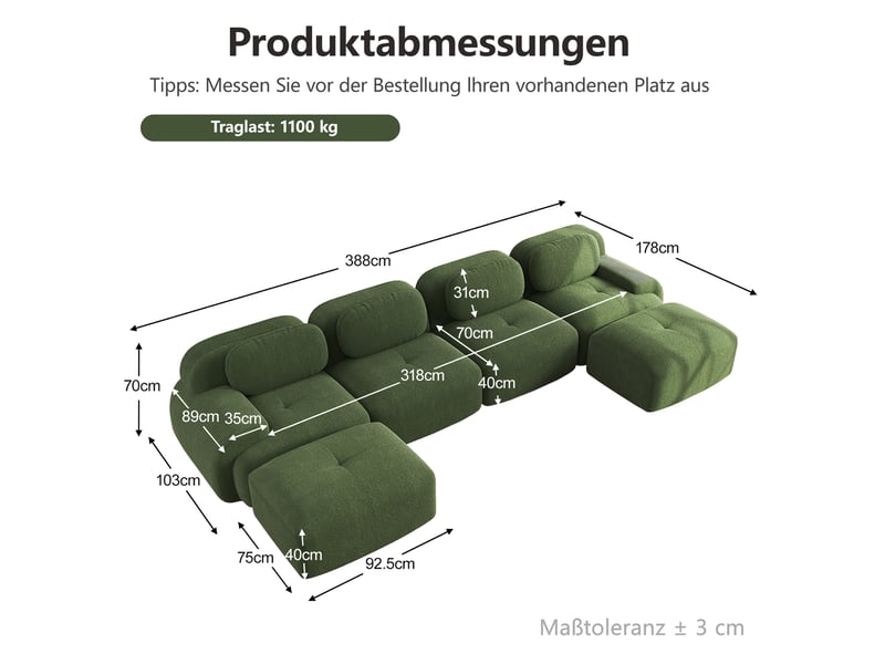  Canapé d'angle panoramique modenvie modulable 4 places 388 x 178 x 70 cm en velours côtelé vert  - Conforama C