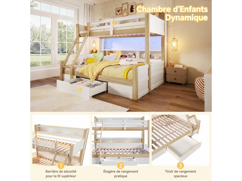 Lit superposé enfant avec couchage double en bas, 90x200 et 140x200 cm, rangements, tiroir et éclairage led - Conforama E