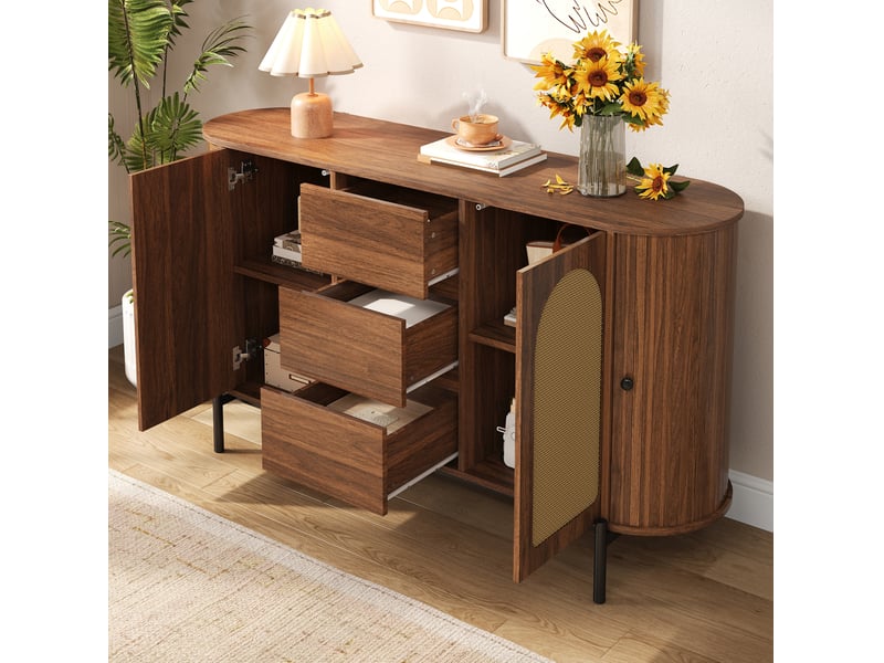  Buffet ovale 140 cm avec portes coulissantes et 3 tiroirs, finition noyer  - Conforama D