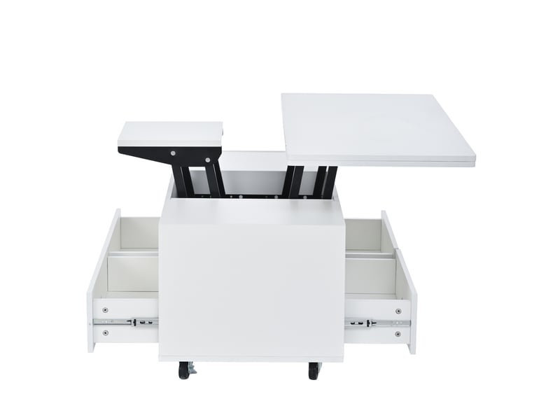  Table basse relevable 100x50x47,5 cm avec plateau rabattable, 4 tiroirs et système hydraulique, mdf, blanc  - Conforama D