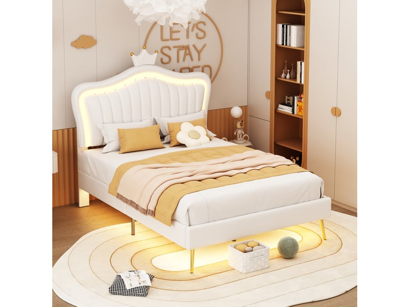 Lit enfant rembourré 90x200 cm avec led et tête de lit couronne blanc  - Conforama C