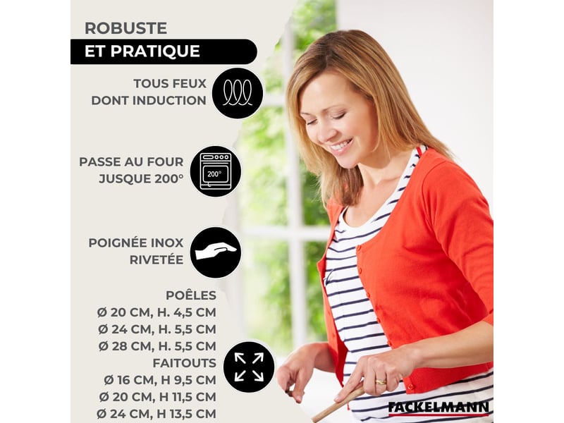 Lot 3 poêles en inox 202428 cm + couvercles fackelmann eterna avec 3 faitouts 162024 cm et 5 ustensiles 9218750B - Conforama C