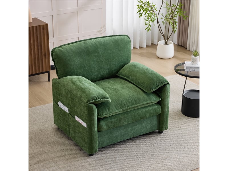  Fauteuil rétro en chenille vert - 96x92x90cm - canapé individuel avec poches de rangement latérales pour salon et bureau - vert  - Conforama D