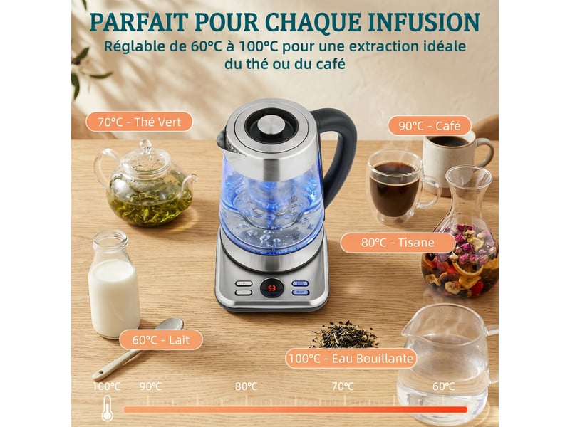 Bouilloire électrique, 1,7l, ébullition rapide 2200w avec thermostat strix, fonction maintien au chaud, infuseur à thé - Conforama R