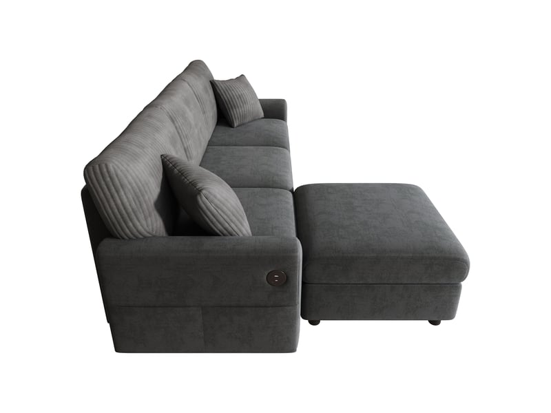 Canapé 4 places gris avec pouf - ports usb et type-c - l223cm - tissu chenille et velours côtelé - Conforama R