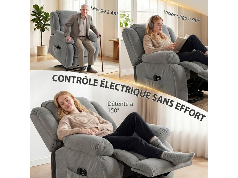  Fauteuil releveur électrique massage et chauffage avec repose-pied, dossier inclinable, télécommande et poche latérale  - Conforama E