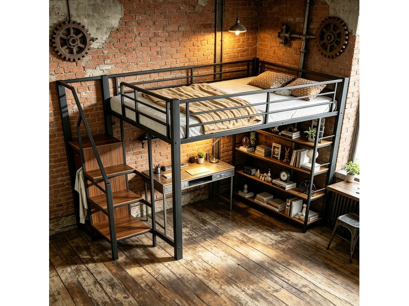  Lit mezzanine 2 places 140 × 200 cm avec escalier à tiroirs, penderie et étagères, sans matelas, en métal noir  - Conforama D