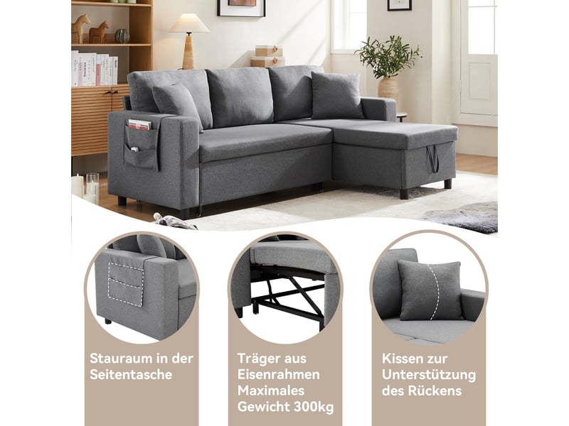  Canapé d'angle convertible 3-4 places en tissu aspect lin gris foncé avec coffre et méridienne réversible  - Conforama D