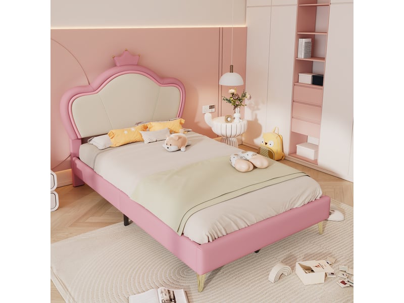  Lit enfant 90x200 capitonné en similicuir avec couronne - bords souples et pieds en métal  - Conforama D