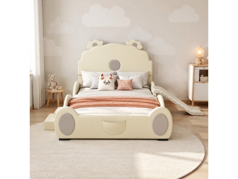 Lit enfant 140 x 200 cm avec toboggan et échelle, motif ours, coloris beige  - Conforama B