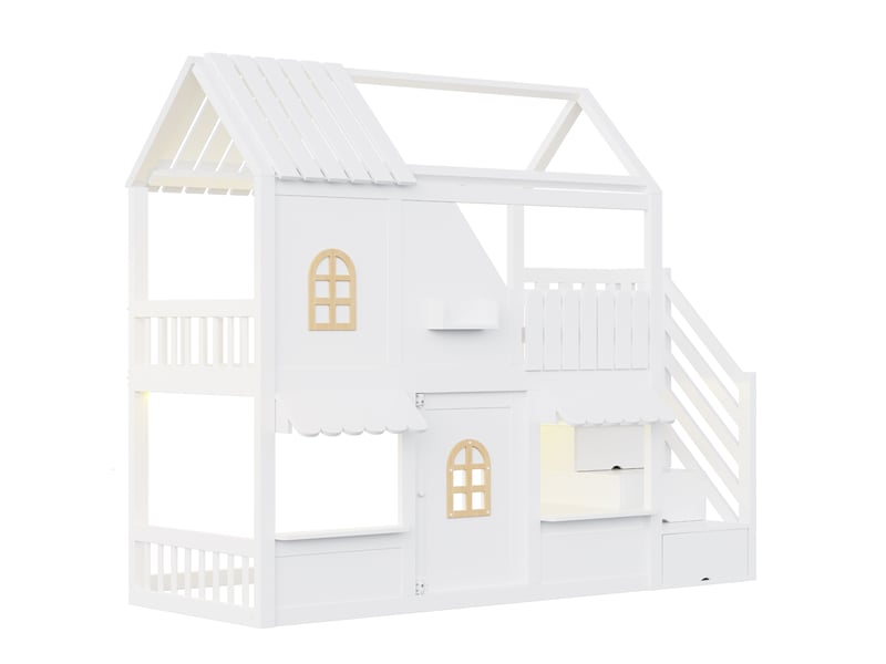 Lit mezzanine cabane 90 × 200 cm, led, escalier avec rangements, toit, fenêtres et porte ouvrante, bois et mdf, blanc - Conforama E