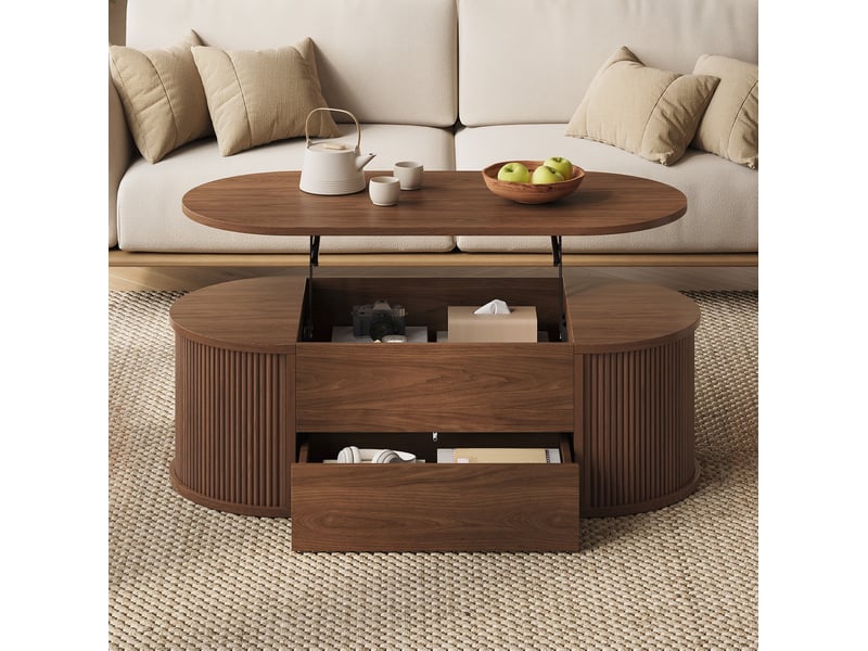 Table basse ovale 100x50x35 cm avec plateau relevable et tiroir, finition noyer clair - Conforama D