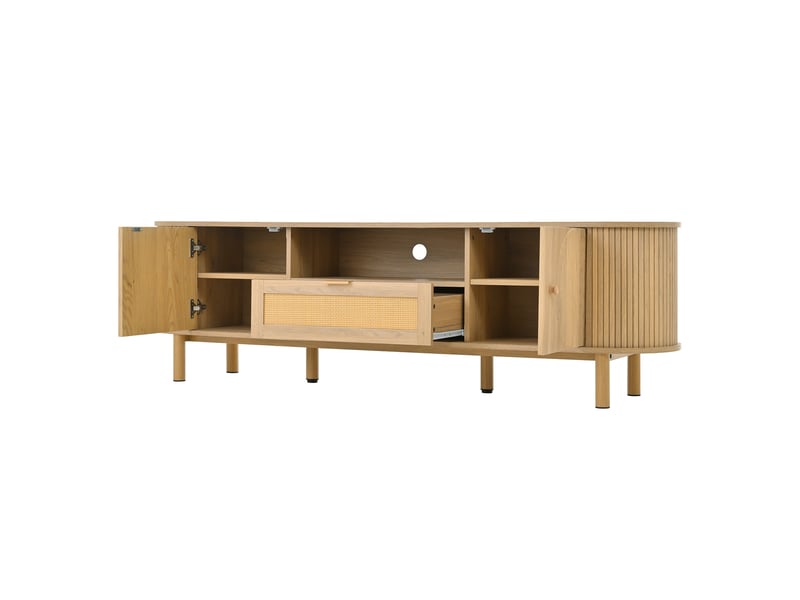  Meuble tv 175x36x51 cm au design élégant arrondi, tiroir en rotin et portes demi-circulaires, mdf, coloris naturel  - Conforama R