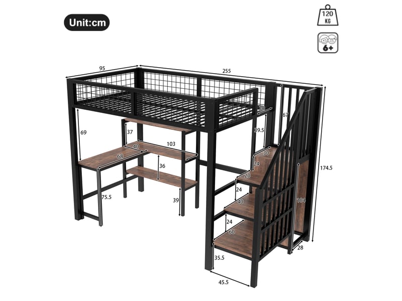  Lit mezzanine 90x200 cm, avec bureau intégré, rangements et armoire, mdf et métal, noir, marron, sécurisé, sans matelas  - Conforama C