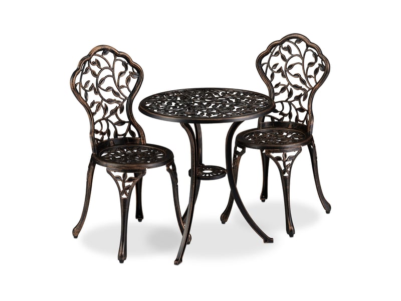  Ensemble de mobilier de balcon table ronde 70 x 70 x 75 cm avec 2 chaises design antique ambiance romantique en aluminium noir 13_0008339  - Conforama A