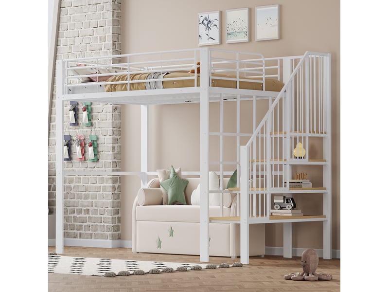 Lit mezzanine 140 x 200 cm métal robuste rangement sous-lit spacieux escalier sécurisé bois et métal blanc sans matelas - Conforama W
