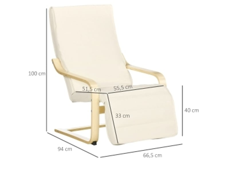  Fauteuil relax à piètement traîneau avec repose-pieds réglable 5 positions, tissu blanc crème, structure en bois  - Conforama C
