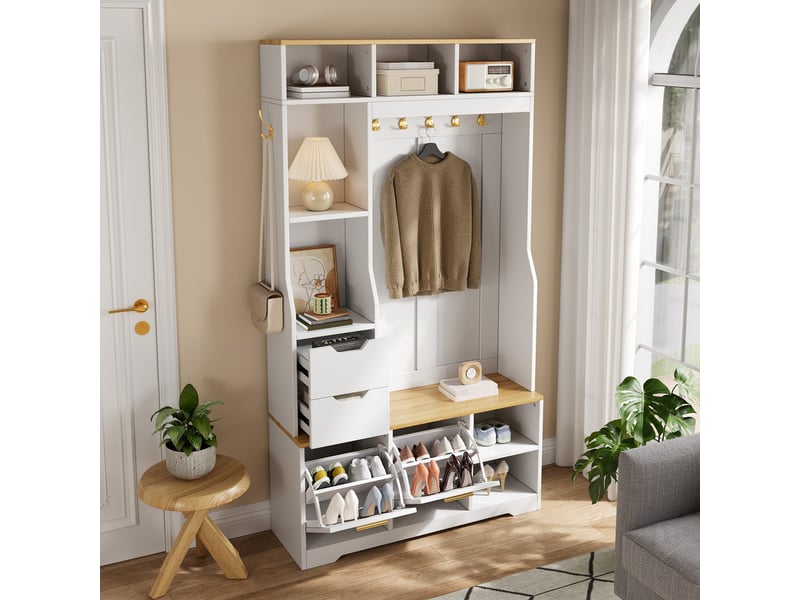  Vestiaire entrée avec meuble chaussures basculant, banc, patères métal et éclairage led piloté par appli, 103x32x186cm, blanc  - Conforama D