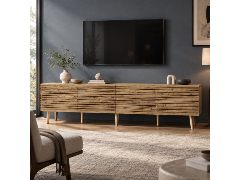  Meuble tv avec 4 portes à ouverture pression, 6 niches et passe-câbles pour salon, bois naturel, 180×40×46 cm  - Conforama C