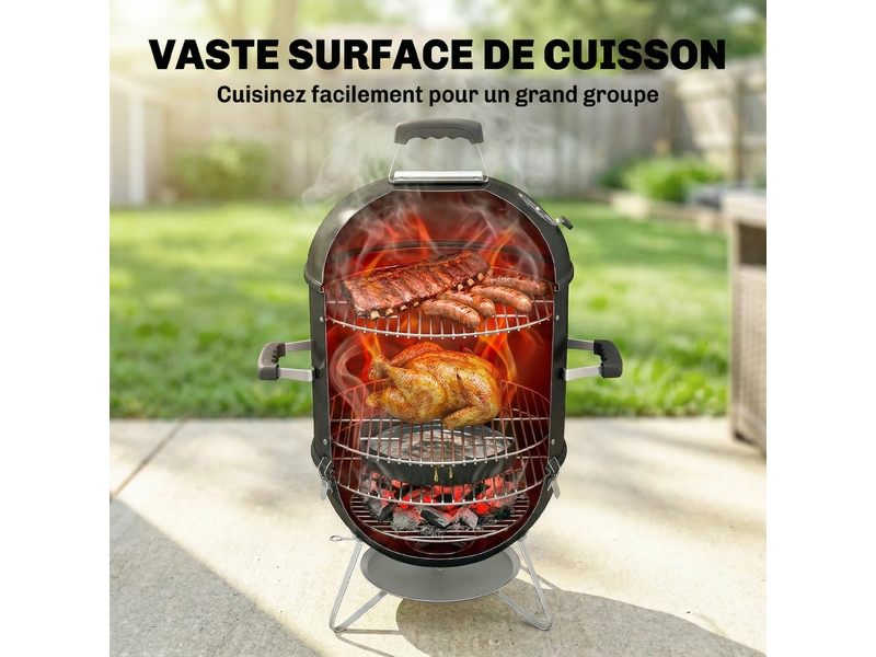  Fumoir à charbon 3 en 1, 3 grilles, thermomètre intégré, noir  - Conforama W