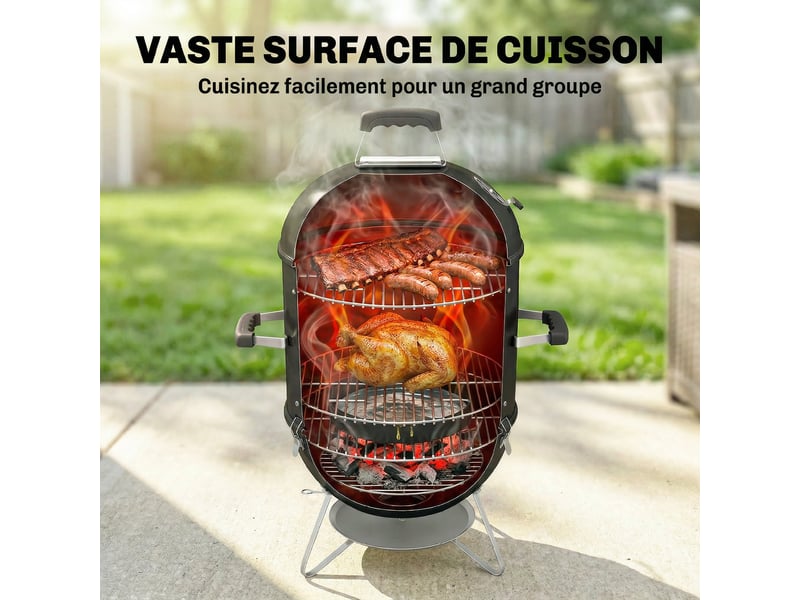  Fumoir à charbon 3 en 1, 3 grilles, thermomètre intégré, noir  - Conforama W
