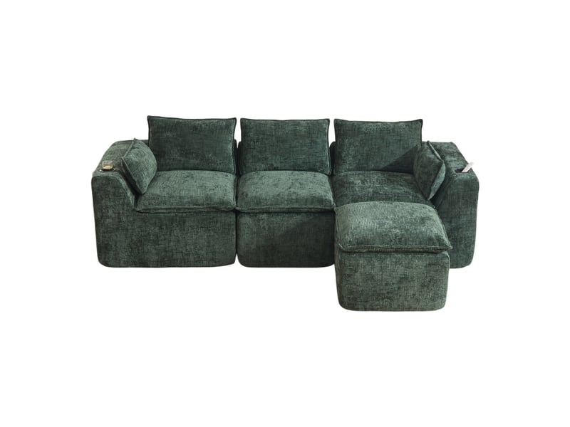  Canapé modulable 3 places en chenille vert avec repose-pieds et porte-boisson  - Conforama A