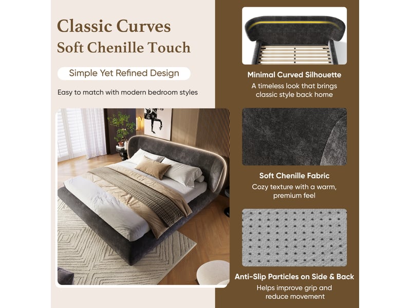  Lit rembourré 140 × 200 cm 2 places avec tête de lit arrondie, sans matelas, en chenille, gris  - Conforama E