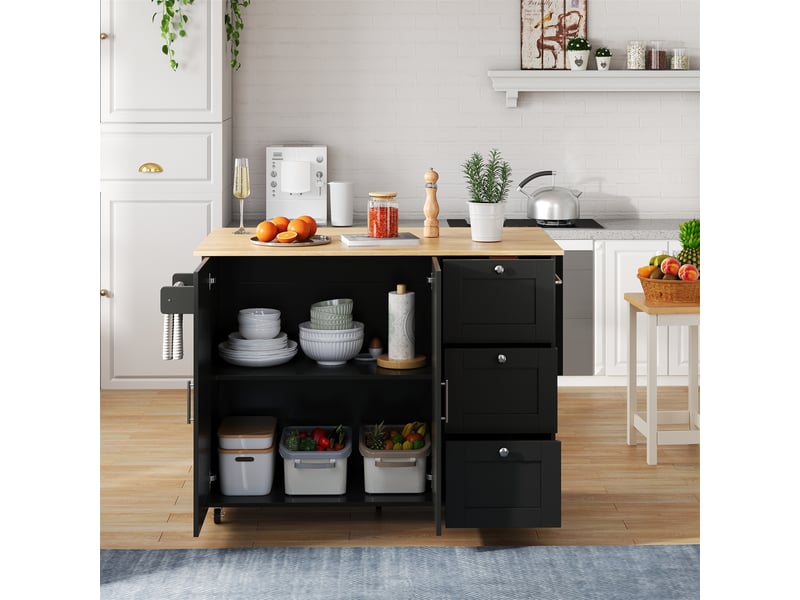 Îlot de cuisine sur roulettes 135 cm avec plateau en chêne, chariot de cuisine avec 3 tiroirs, noir et bois - Conforama B