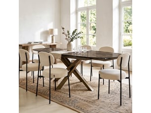 Table à manger ovale extensible 8-10 pers. En céramique effet marbre brun et piètement bronze 180-260x98 cm - murcia