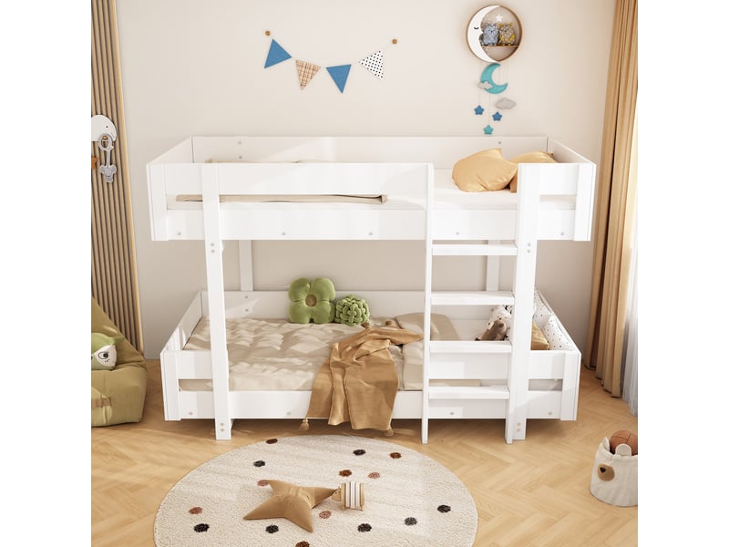  Lit superposé enfant 2 x 90 x 200 cm avec barrière de sécurité, escalier, sommier à lattes, blanc  - Conforama D