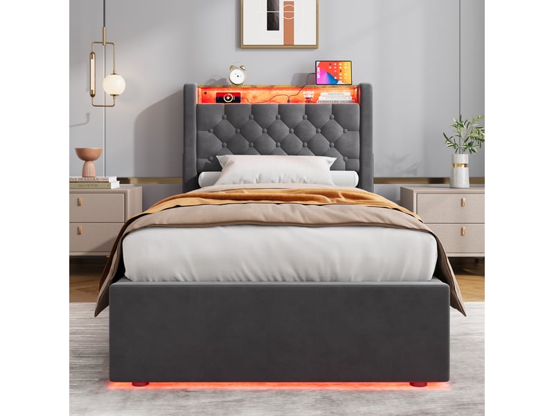  Lit coffre enfant 90x190 cm avec coffre hydraulique, led, usb-a et usb-c, tablette, sommier à lattes, velours gris  - Conforama B