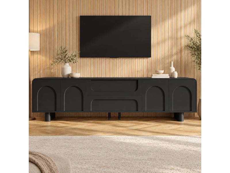  Meuble tv 180 x 40 x 46 cm noir, 4 portes, 2 tiroirs et passe-câbles  - Conforama B