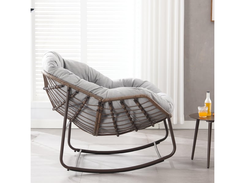 Fauteuil à bascule, fauteuil berçant de patio, cadre en métal, avec coussin en forme d'œuf, gris clair - Conforama E
