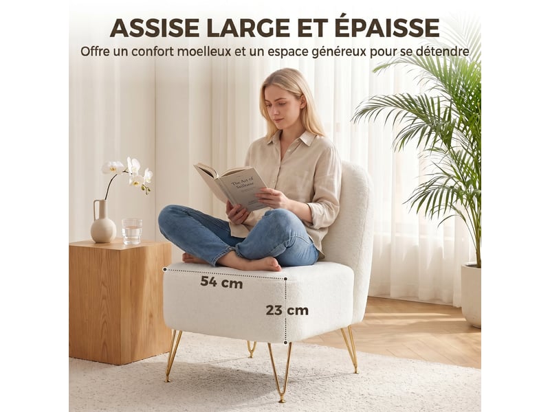  Fauteuil d'appoint en tissu bouclette blanc et métal 54x72,5x78 cm  - Conforama D