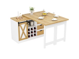 Îlot de cuisine multifonction 120-197cm, avec table extensible, tiroirs, porte-bouteilles amovible, style grange, blanc