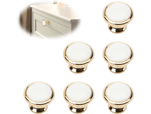 6 poignées dorées pour meubles, couleur blanche, pour porte d'armoire avec vis de montage, rondes, adaptées aux armoires de cuisine.