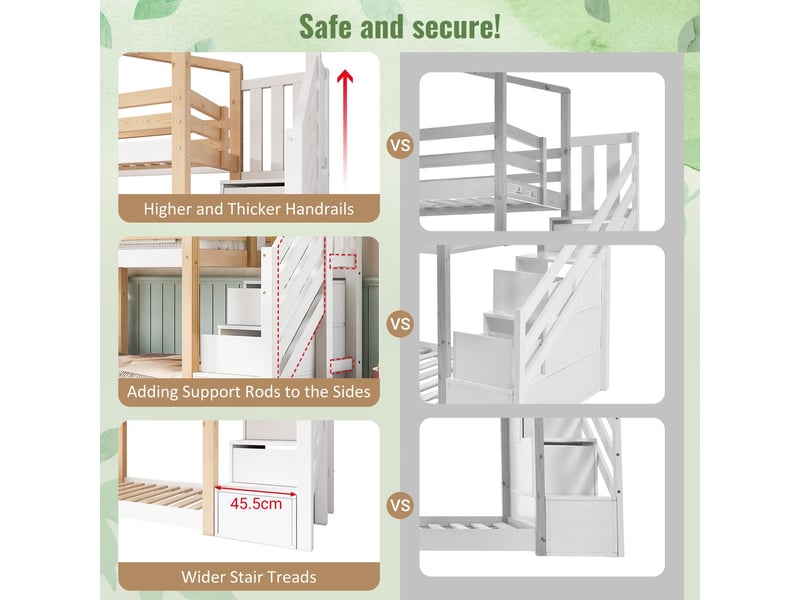  Lit superposé enfant 90x200 cm forme cabane - lit superposé - avec escalier de rangement, bois massif, naturel et blanc  - Conforama E