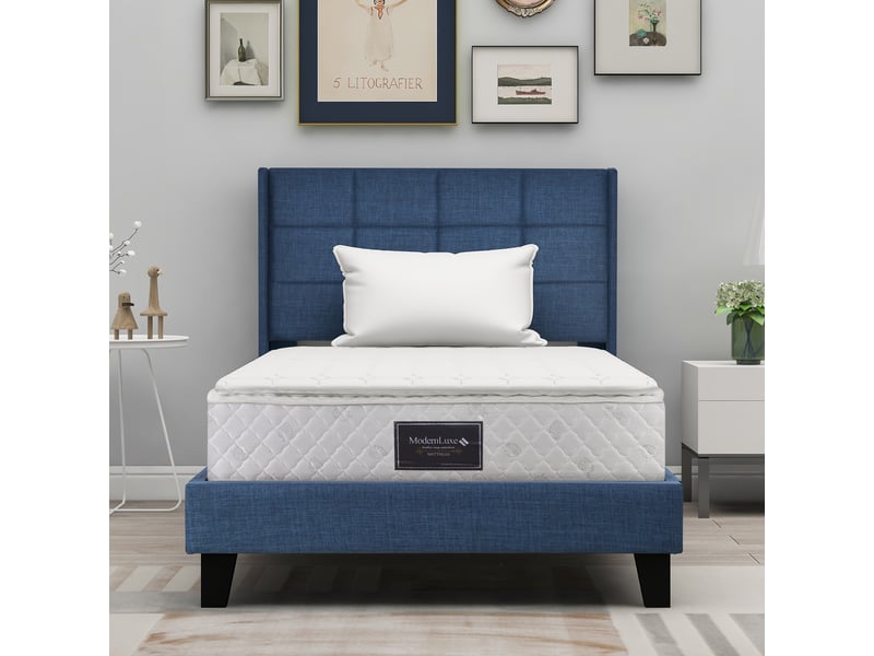  Lit capitonné, lit enfant 90x200 cm, sommier à lattes, matelas inclus, lin bleu  - Conforama D