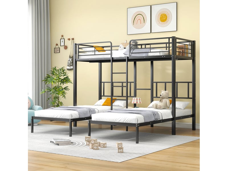  Lit superposé triple 3 x 90x200 cm avec échelle, tablette et garde-corps noir  - Conforama B