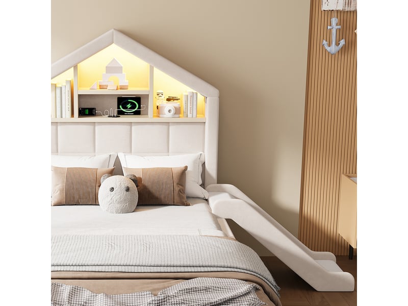  Lit cabane enfant 90x200 cm en velours avec led, chargeur, rangement et toboggan beige chicfurn  - Conforama E