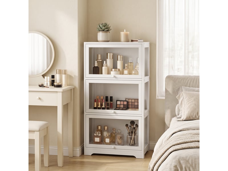  Vitrine à trois niveaux en acrylique pour figurines, avec portes à charnières, 59 x 30 x 106 cm, blanche  - Conforama C