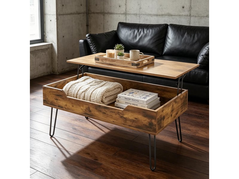 Table basse rectangulaire en bois, plateau relevable et grand rangement caché - Conforama E