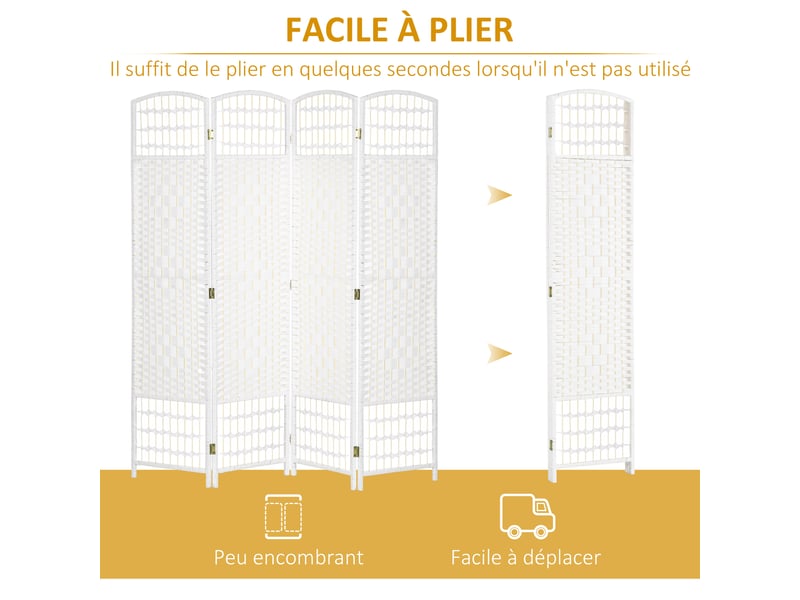  Paravent intérieur en bois séparateur de pièce cloison pliable 4 panneaux blanc 160 x 170 cm  - Conforama D