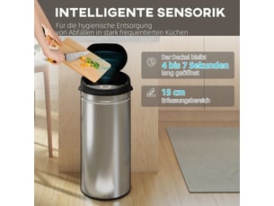 Poubelle à capteur 42 l en inox, sans contact, fermeture douce, pour cuisine hygiénique
