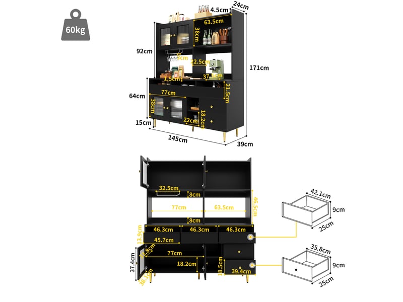 Buffet haut 145x39x171 cm avec portes en verre et rangement pour verres à vin, mdf et métal, noir avec détails dorés - Conforama C