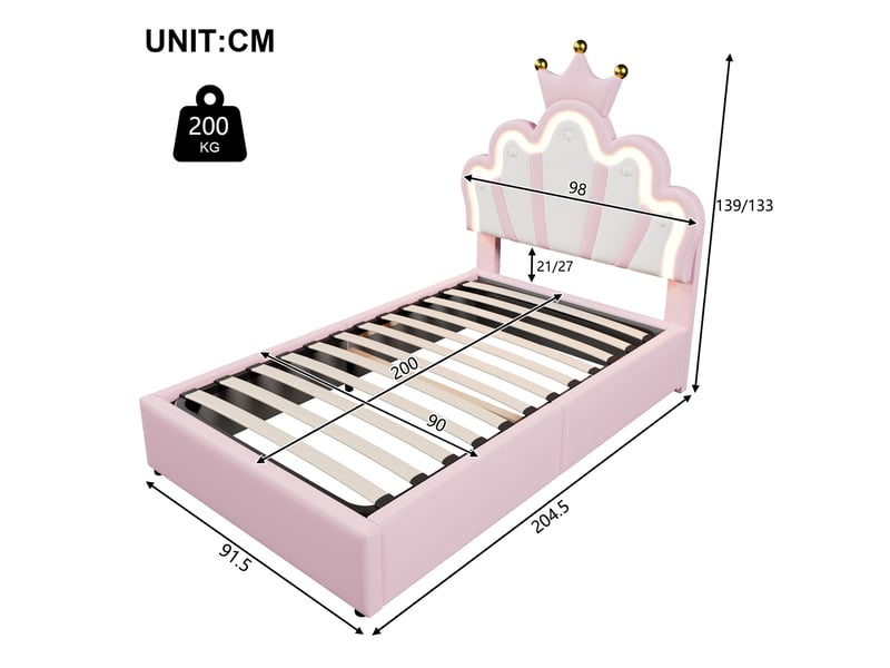  Modenvie lit enfant 90x200 cm - led multicolore, rangement hydraulique, sans matelas - rose  - Conforama C