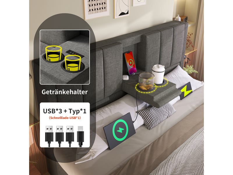  Lit double capitonné rayofi 160 x 200 cm, rangement hydraulique sous lit, tête de lit avec porte-gobelets et station de recharge usb, gris lin, matelas inclus  - Conforama E