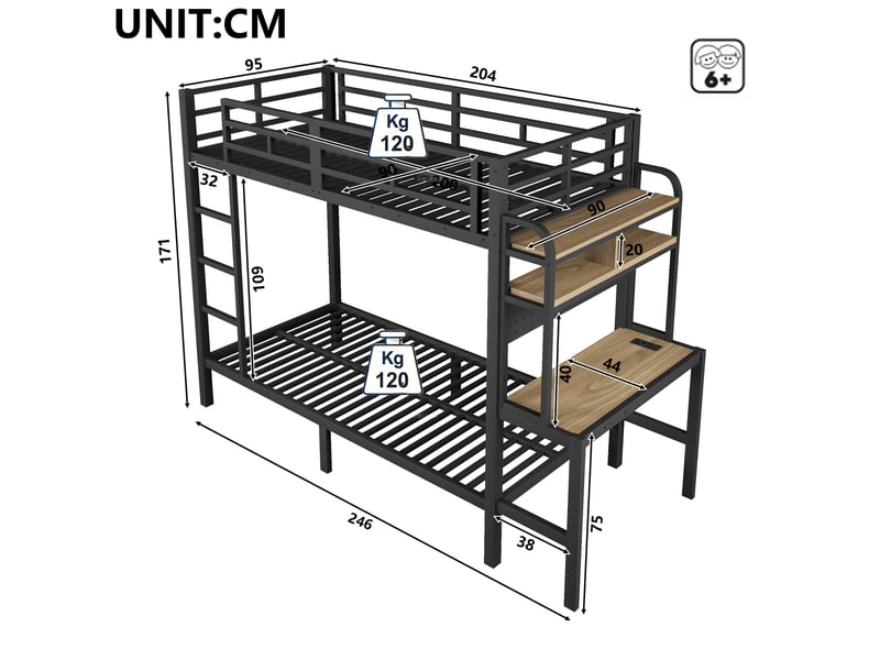  Lit superposé enfant 90x200 cm avec bureau intégré, étagères, led multicolore via app, usb, garde-corps et échelle, métal noir Radiant Stride - Conforama C